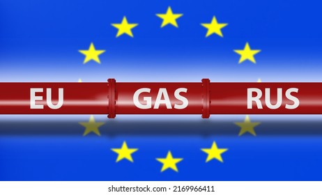 Supply Russian gas to Europe. EU flag and trumpet. Import of gas from Russia. Sale of gas to European Union. Trade in hydrocarbons between Russia and Europe. Piping red. 3d rendering. - Shutterstock ID 2169966411