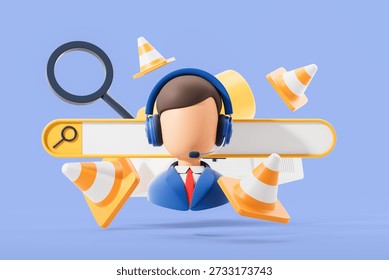 Support agent with headset, search bar, traffic cones, magnifier in colorful 3D rendering style, isolated on pastel blue background, concept of help