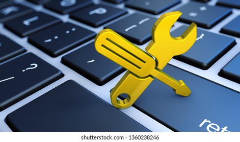 It support, computer service and assistance concept with a golden work tool icon on a laptop keyboard 3D illustration.