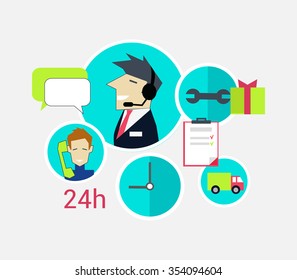 Support concept icon flat design. Business communication, internet service, computer and phone chat management, contact and connection, professional help and feedback on white. Raster version