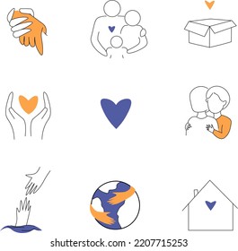 Support Icon Set. Help In A Difficult Life Situation, Icon Collection. Helping Hand, Heart, Saving Life, Hug, Home	