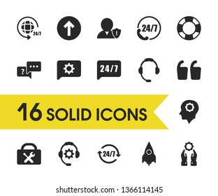 Support Icons Set With Rocket, Help 24/7 And Reset 24/7 Elements. Set Of Support Icons And Telephone Concept. Editable  Elements For Logo App UI Design.