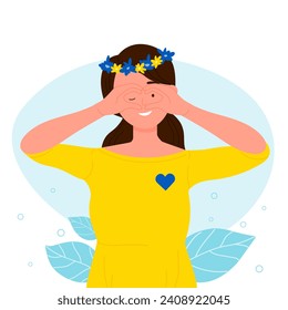 Support and prayers to save Ukraine from happy beautiful girl. Cartoon woman in traditional wreath of flowers on head, yellow dress with blue heart showing gesture of love flat illustration - Powered by Shutterstock