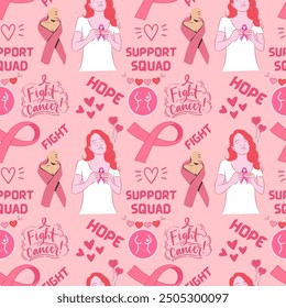 Support squad Breast Cancer Awareness pink ribbon illustration pattern design to celebrate Breast Cancer Awareness Month in October - Powered by Shutterstock