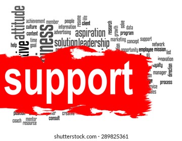 Support word cloud image with hi-res rendered artwork that could be used for any graphic design.