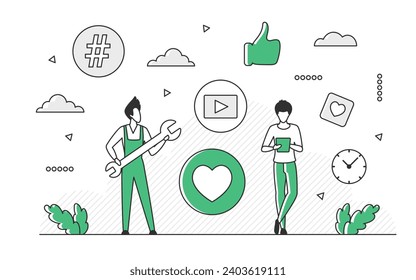 Supporting fix team for technical issues. Customer help center and consultant assistance monocolor illustration - Powered by Shutterstock