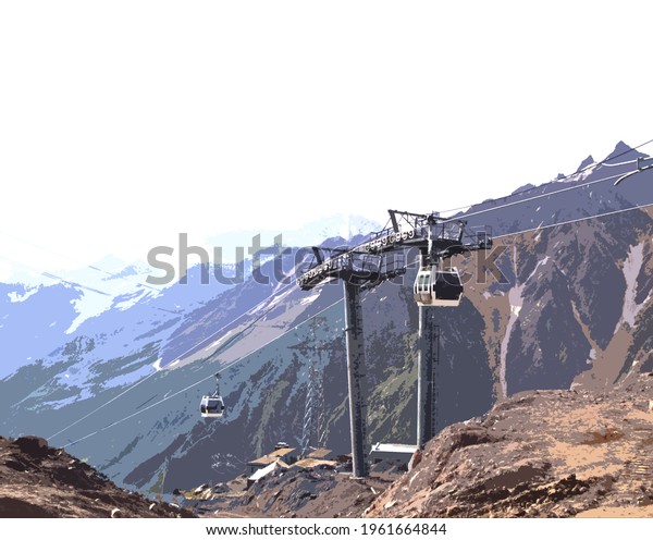 Supports and cabins of the gondola-type\
cable car against the background of mountains on Elbrus on a cloudy\
day, muted tones,\
illustration