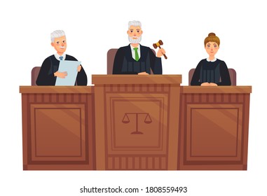 Supreme court tribune. Judges in session, judge holding hammer and justice cartoon  illustration. Set judge, supreme judgement, judicial process