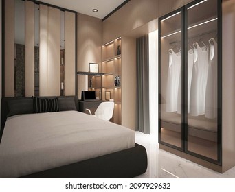 Surabaya, Indonesia - 29 Dec 2021 - 3d Rendering Of Magnificent And Cozy Master Bedroom With Fancy Cabinet Interior Design