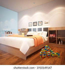 Surabaya, Indonesia - February 4th 2021 - 3d Rendering Wooden Laminated, Minimalis Modern Kids Bedroom Interior Design