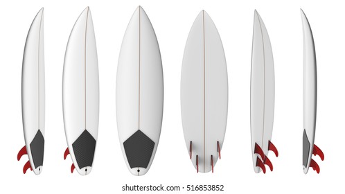 Surf Board Blank, Short Surfboard With Red Fins. 3D Render Illustration, Isolated On White Background