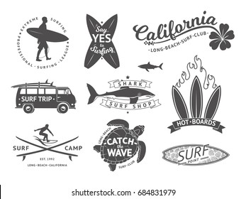 Surf boards emblem and badges set. Signs and elements for summer labels design - Powered by Shutterstock