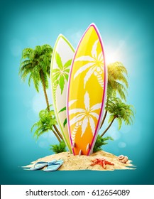 Surf Boards On Paradise Island With Palms. Unusual Travel 3d Illustration. Summer Vacation Concept