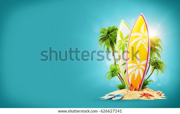 パラダイス島のサーフボードとヤシ 珍しい3dイラスト 夏休みのコンセプト のイラスト素材