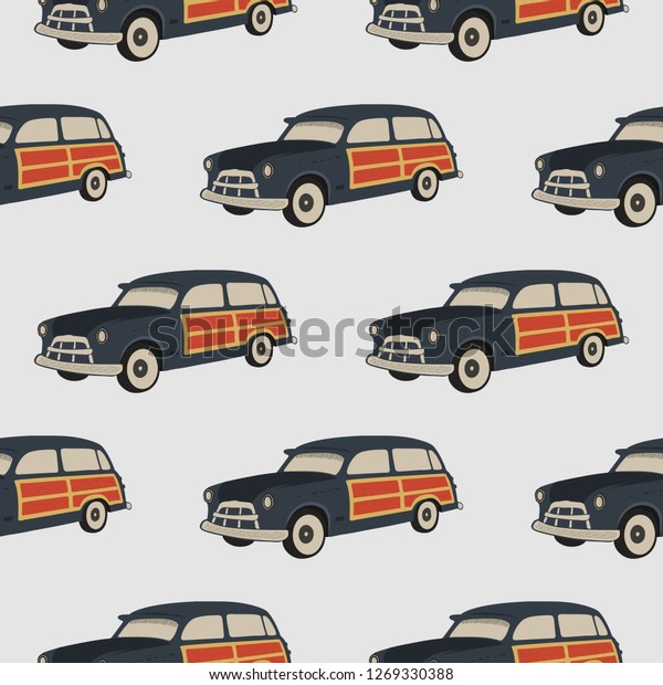 Surf car\
pattern. Surfing seamless wallpaper. Summer background with old\
automobile isolated on white\
background.