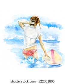 Surf Girl In The Sea. Hand Drawn Watercolor Illustration