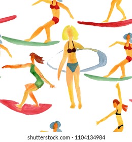 Surf pattern. Surfing seamless background. Watercolor background.