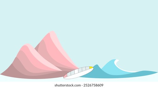 Surf, surfing business concepts. Stylish surfing illustration. Travel, vacation, hobbies, activities. Artistic, pastel colored patterns. Surfboard, mountains, ocean waves. Border for text, copy space - Powered by Shutterstock