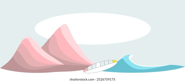 Surf, surfing business concepts. Stylish surfing illustration. Travel, vacation, hobbies, activities. Artistic, pastel colored patterns. Surfboard, mountains, ocean waves. Border for text, copy space - Powered by Shutterstock