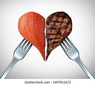 Surf And Turf Concept As Meat And Seafood Or Steak And Salmon Symbol As A Gourmet Meal At A Restaurant Serving Fish Cuts Of Beef With 3D Illustration Elements.