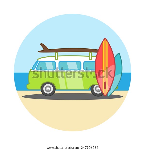 surf and van in circle illustration. summer\
vacation time. in modern flat\
style