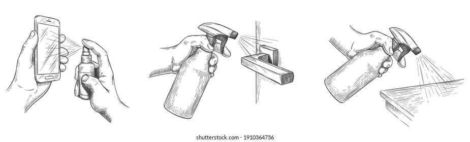 Surface Cleaning Sketch. Disinfect House Surfaces And Door Handle With Sanitizer Sprays. Hands Hold Spray And Clean Phone Screen,  Set. Sketch Hygiene And Prevention Disinfection Illustration