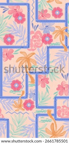 Surface design, rapport, patchwork art, with stitching details, tropical watercolor designs.