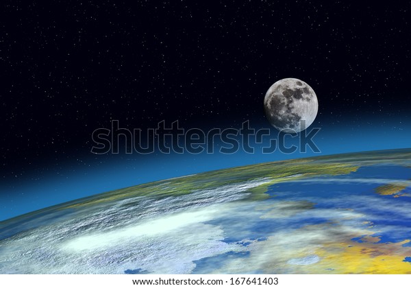 Surface Planet Earth and\
Moon from space