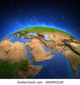 Surface of Planet Earth viewed from a satellite, focused on Middle East. Physical map of Persian Gulf. 3D illustration - Elements of this image furnished by NASA.
