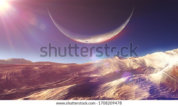 surface planet in\
space, 3d render\
illustration
