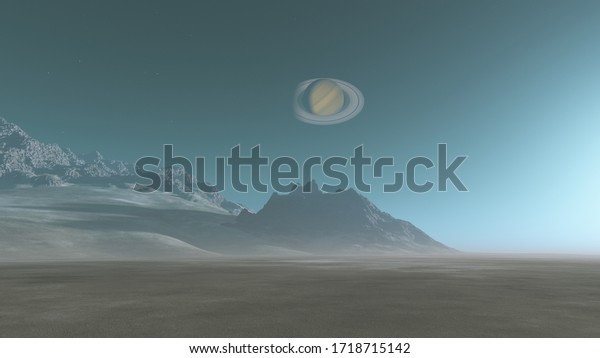 The surface of Saturn\'s\
moon,The Surface of Titan,Saturn over the horizon,Saturn is\
surrounded by rings. scifi landscape, 3D rendering, 3D\
illustration
