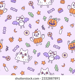 Surface seamless pattern design and сartoon characters: scary pumpkin cats  three  eyed bat cat   ghost cat  Cute print for Halloween party