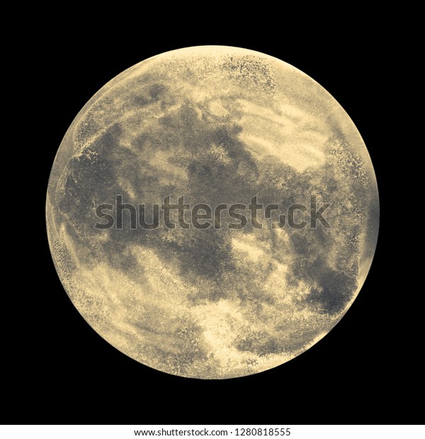 The surface of the yellow moon,\
watercolor image of the planet isolated on black\
background