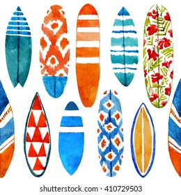 Surfboard watercolor seamless pattern. Summer beach background.