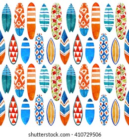 Surfboard Watercolor Seamless Pattern. Summer Beach Background.