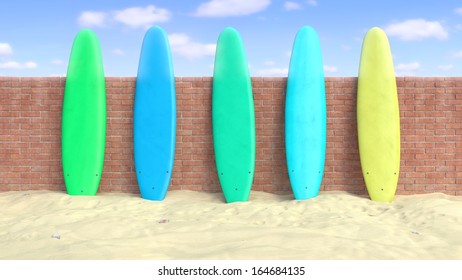 Surfboards Standing Up Against a Brick Wall at the Beach