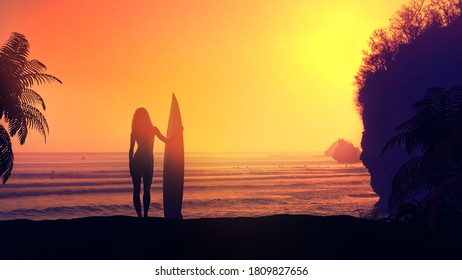 Surfer with a board on a tropical beach at sunset. 3D illustration - Powered by Shutterstock