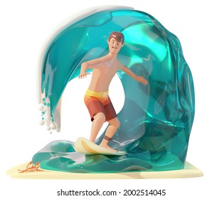 Surfer on surfboard rides big barrel wave. Young man with surfing board on perfect tube wave. Summer vacations and holidays on sea or ocean beach. 3d illustration - Powered by Shutterstock