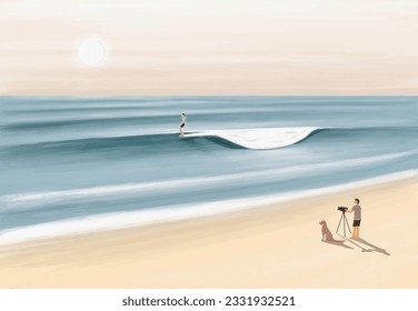 surfer surfing on beach wave sea illustration for banner template background - Powered by Shutterstock