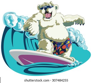 Surfing bear wearing sunglasses and colorful board shorts.