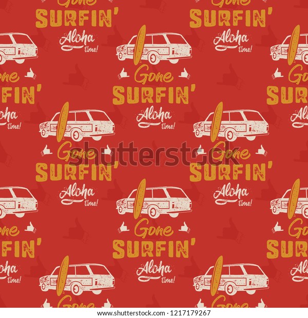 Surfing car pattern. Vintage hand drawn\
surf wagon with surfboard pattern. Aloha time quote typography.\
Stock wallpaper background Isolated on red\
background.