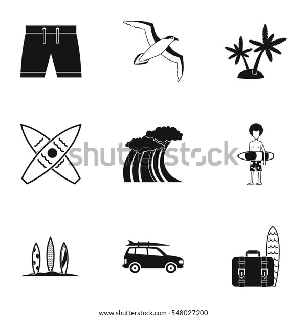 Surfing club icons set. Simple illustration of 9\
surfing club  icons for\
web