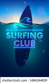 Surfing Club Vertical Banner Or Background. Surfboard Underwater In Sea On Sunset. Wave Waterline And Bubbles On Surface Of Ocean. Neon Logo Surf Club On Water Board. Poster Subsea Marine Landscape.