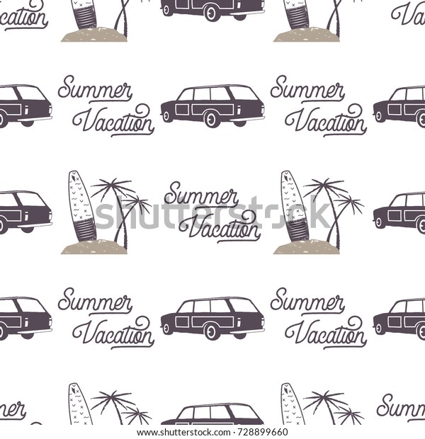 Surfing old style\
car pattern design. Summer seamless wallpaper with surfer van,\
surfboards, palms. Monochrome combi car. illustration. Use for\
fabric printing, web projects,\
t-shirts