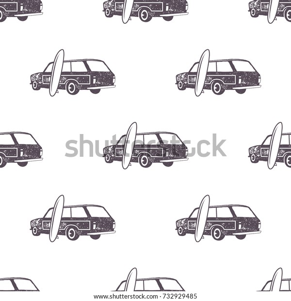 Surfing\
old style car pattern design. Summer seamless wallpaper with surfer\
van, surfboards. Monochrome combi car. illustration. Use for fabric\
printing, web projects, t-shirts or tee\
designs