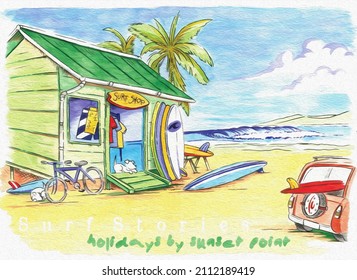 Surfing related products store painting in tropical landscape. Art in cartoon style. - Powered by Shutterstock