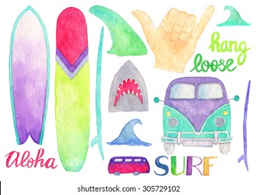 Surfing Set. Hand-drawn Surf And Beach Elements.  Real Watercolor Drawing. 