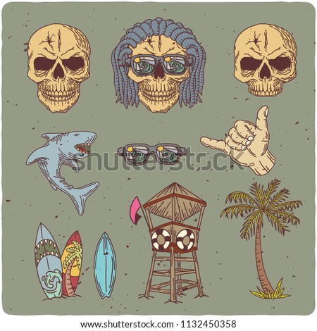 Surfing theme set with hand drawn skull, palm, shark, surfing boards. Raster copy.