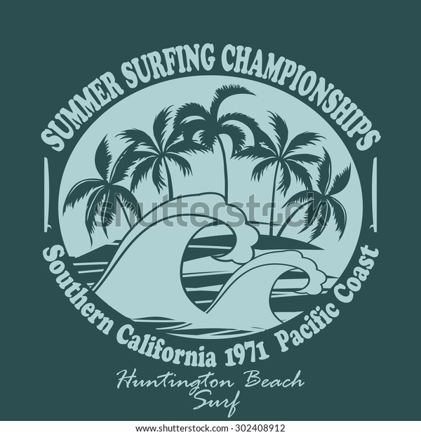 Tシャツのグラフィックデザインをサーフィン ハンチントン ビーチ ワールドサーフィン選手権 太平洋岸のカリフォルニア州 サーフボード のサーファーは ビーチの上のヤシの木に印章を付けています シルエット クリエイティブデザイン のイラスト素材