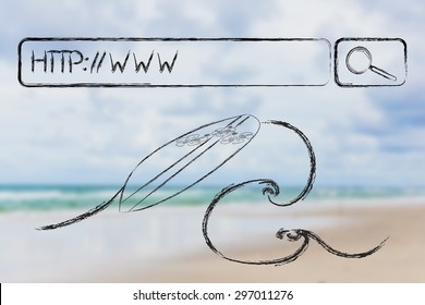 Surfing The Web, Search Bar With WWW Web Adress And Surf Illustration On Wave